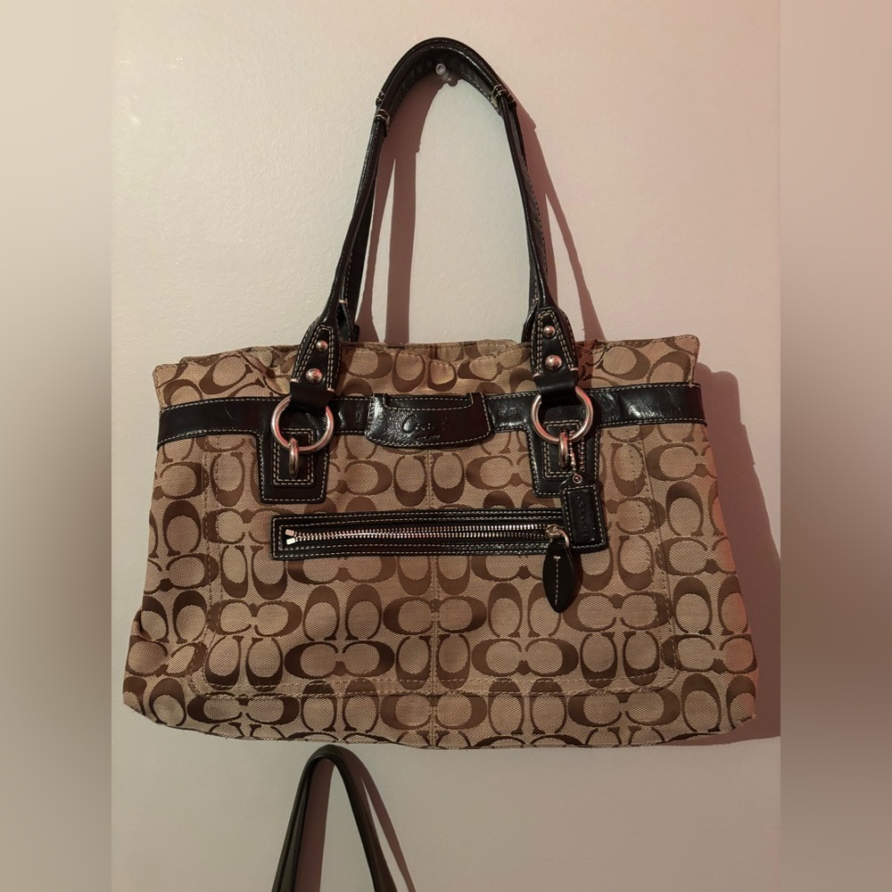 Coach Brown and Cream Shoulder Bag with Monogram Pattern